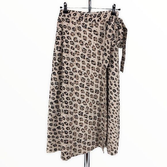 Joie Collen A-Line Leopard Print Linen Wrap Midi Skirt in Cappuccino - Picture 3 of 13